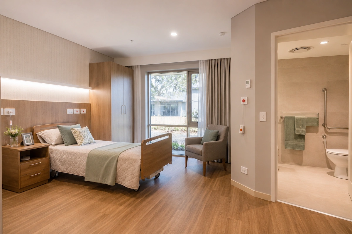 Aged care resident room Sydney by Building Project Solutions, single room with ensuite, emergency call system, grab rails, and natural light