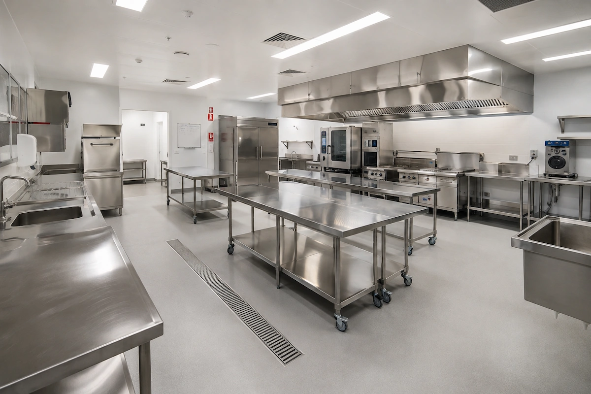 Commercial kitchen aged care facility Sydney by Building Project Solutions, stainless steel benches and HACCP compliant surfaces for full resident meal service
